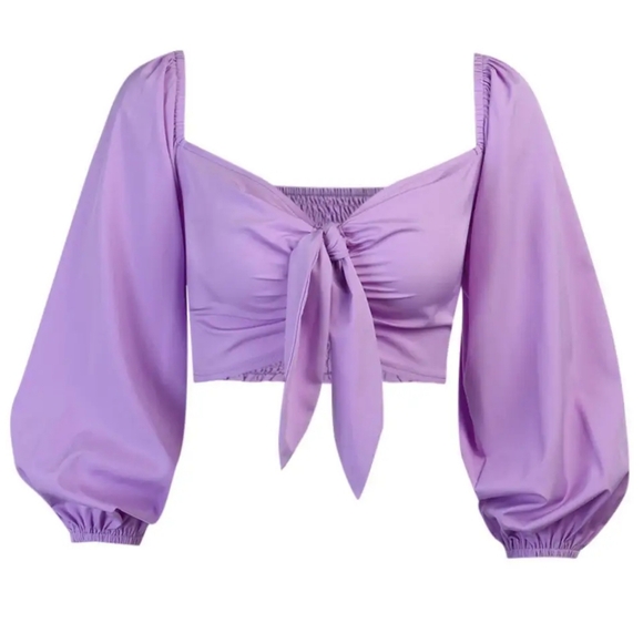 Tops - Women Lila purple puff sleeves bow blouse top
